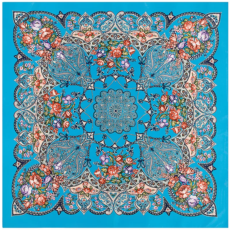 

100cm*100cm Twill Silk Women Silk Square Boheman Ethnic Style Geometric Flower Print Silk Scarf Femal High Quality Brand Shawl