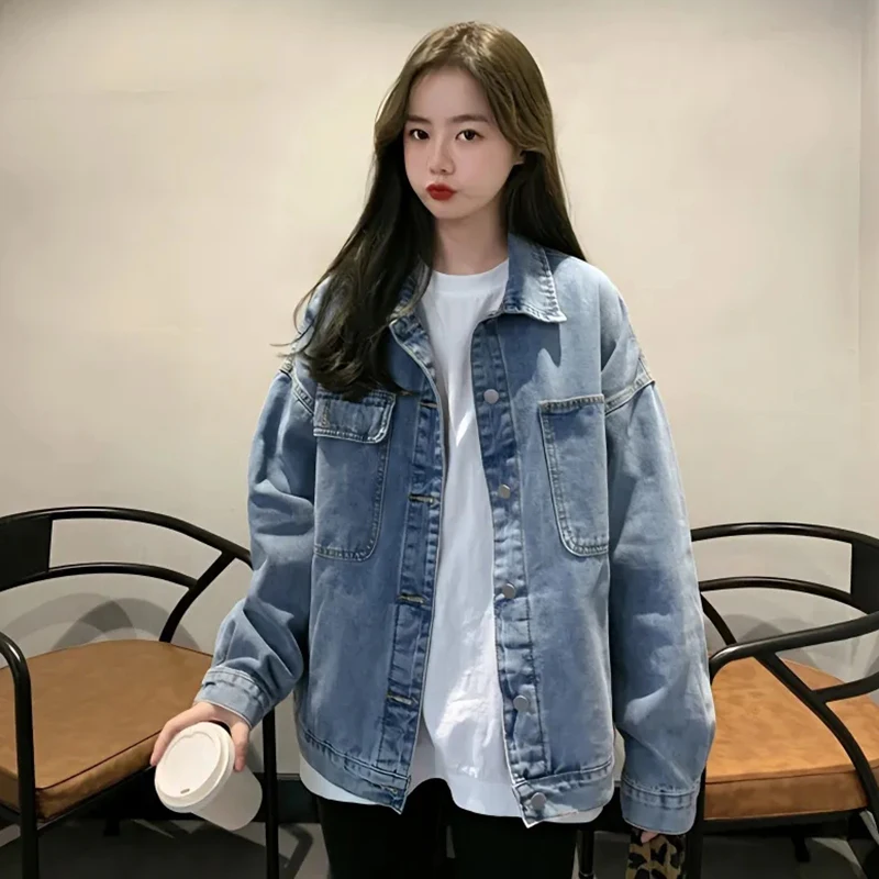 Women's Loose Denim Coat Korean Style Single-Breasted Long Sleeve Jacket Woman 2024 Spring Autumn Vintage Casual Jean Tops Mujer