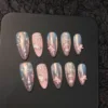 10pcs Handmade Pink Aurora Press on Nails Fish Tail Pearl Design Fake Nails Wearable Detachable French Almond False Nails
