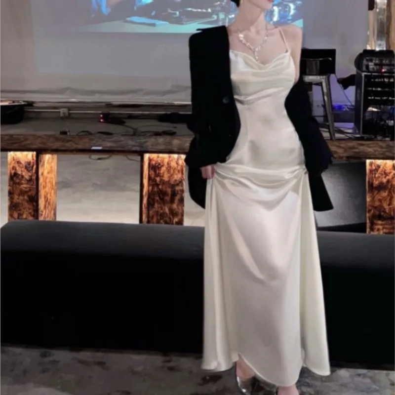 

Satin Sling Dress Dignified Sense of Design Small Large Backless Pleated Women's Seaside Vacation