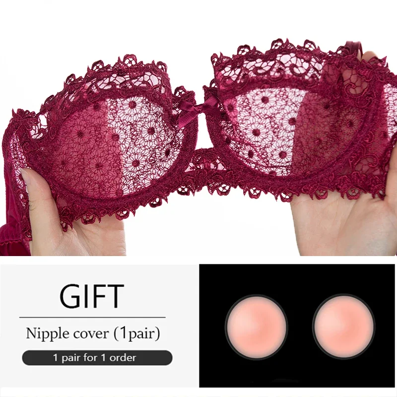 Plus Size Sexy Half Cup Lace Bra Sheer Mesh Unlined Bralette for Women A D Cup, Invisible Push Up Underwire Lingerie Set 2