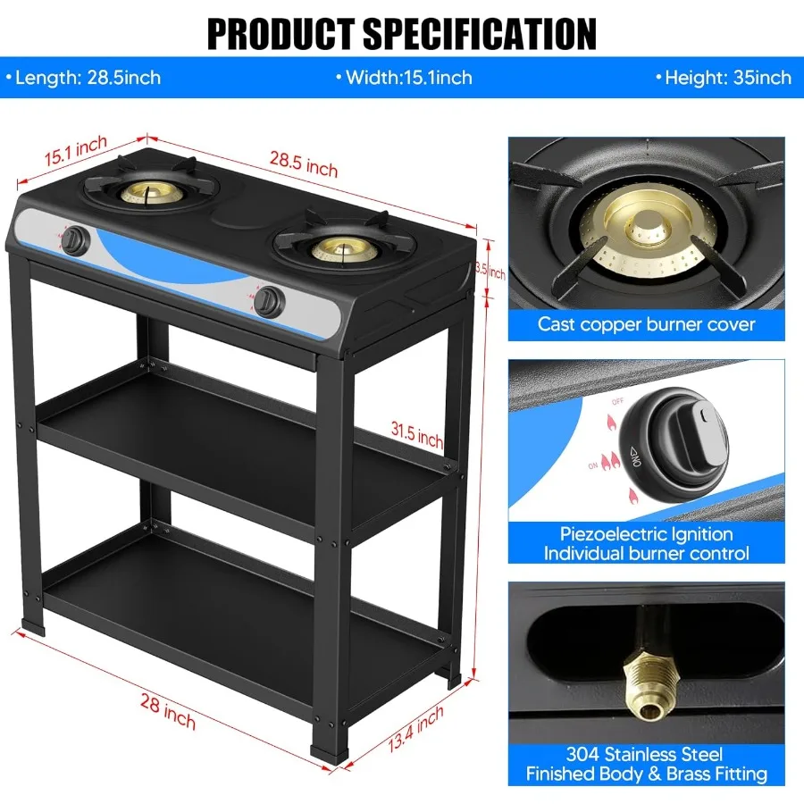 Propane Gas Stove 2Burner with Auto Ignition Portable Stainless Steel Cooktop 19000 BTU hr Ideal for Outdoor Kitchens Compact a