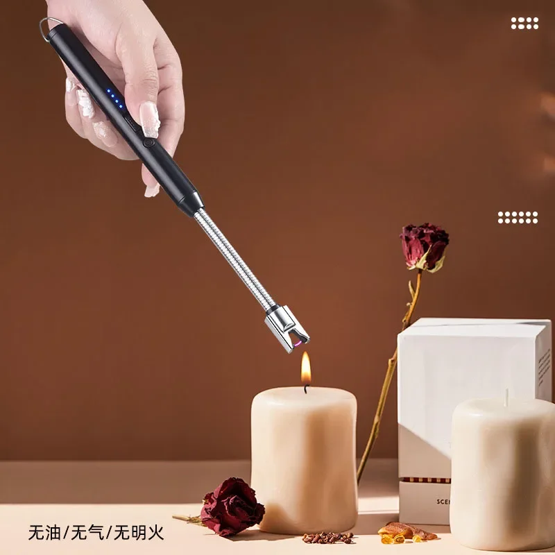 2PC Type-C Curved Windproof Flameless Plasma Ignition Barbecue Lighter USB Long Kitchen Lighter Candle Gas Stove Gas 1PC Lighter 3