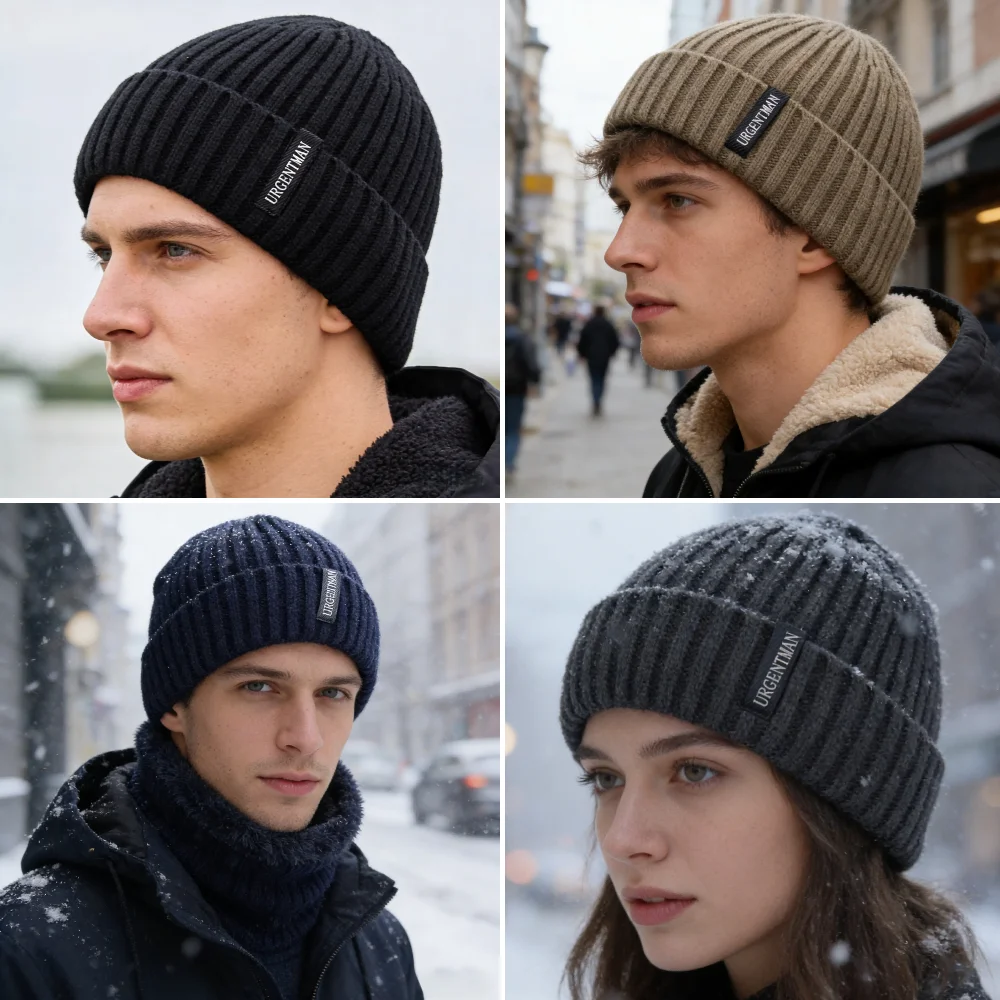 New Unisex URGENTMAN Warm Winter Hats Stylish Plush Fur Lined Beanie Hat Thick Knitted Hats For Men & Women Casual Caps
