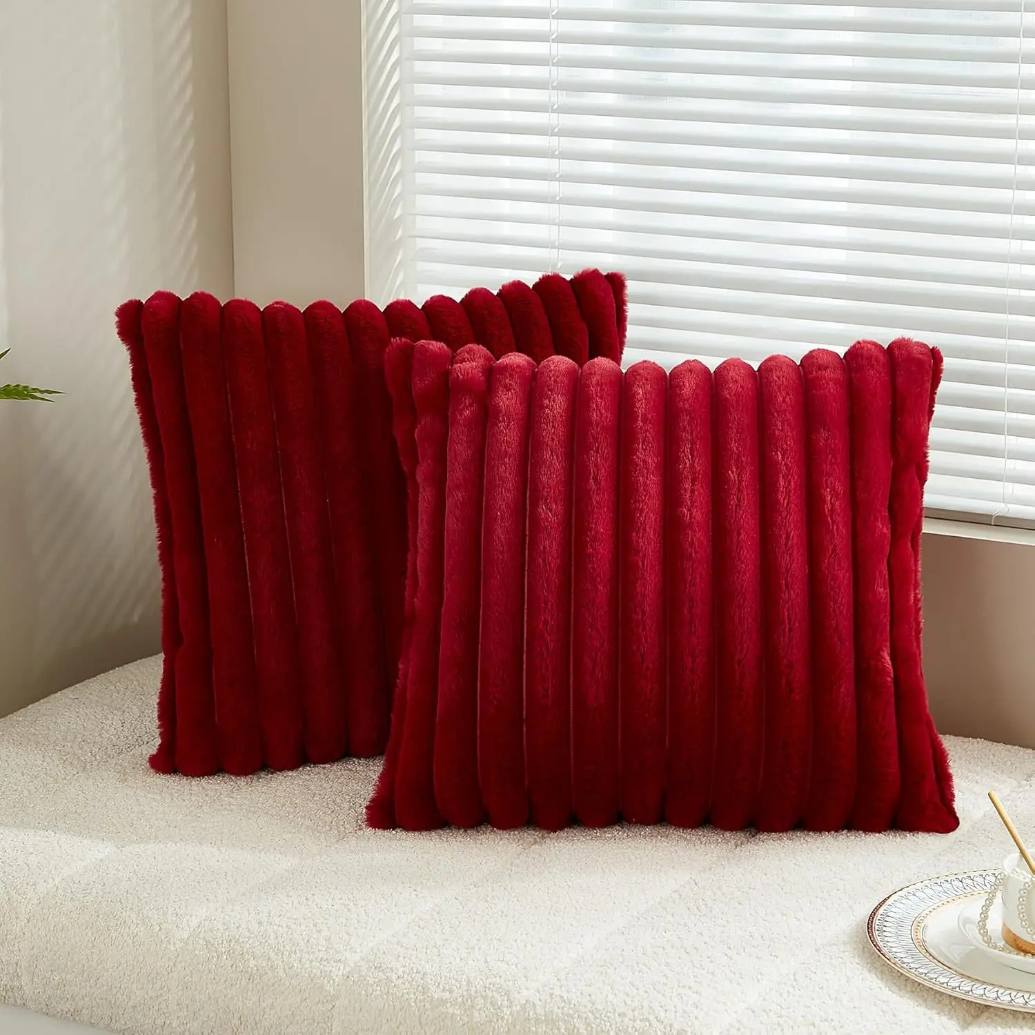 Luxurious Faux Rabbit Fur Striped Cushion Cover – Super Soft Solid Color (24×24 inch)