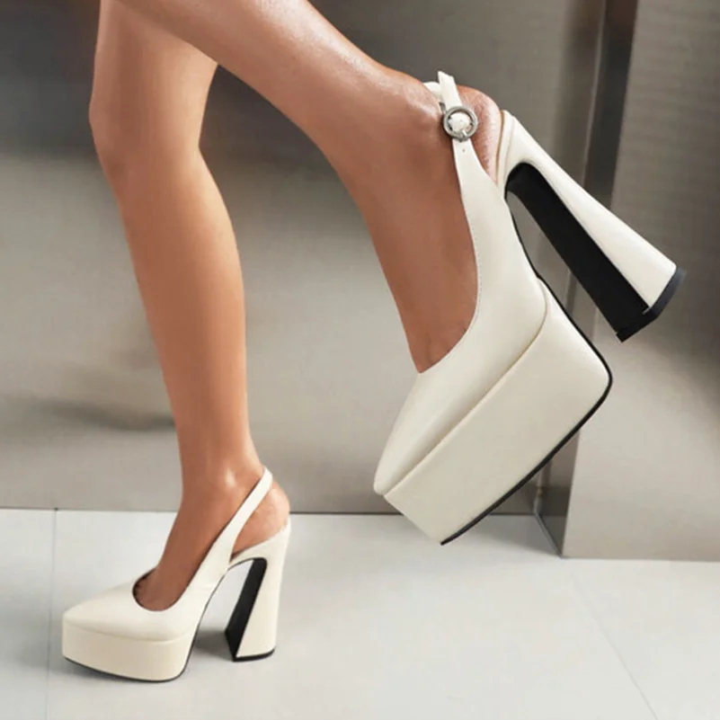 Women Slingbacks Pu Leather Sandals Platform Super High Hoof Heels Pointed Toe Sexy Party Summer Shoes 35-43