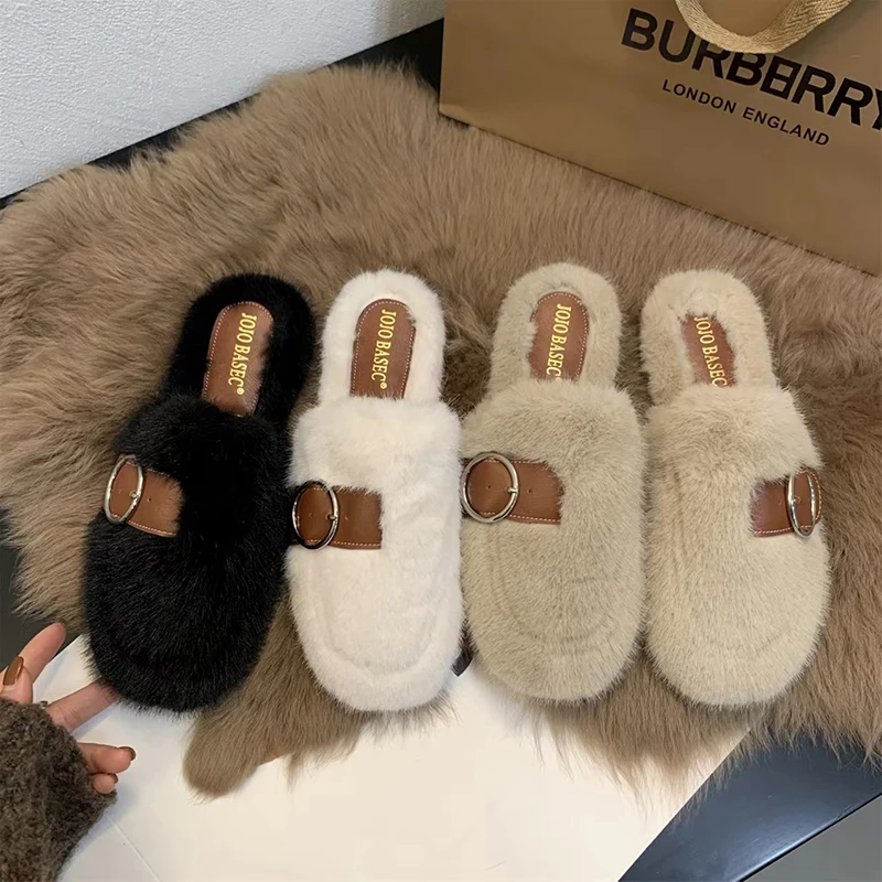 

Mules For Women 2023 Female Shoes Slippers Flat Slides Low Cover Toe Fur Flip Flops Winter Footwear Flock New Massage Plush Basi