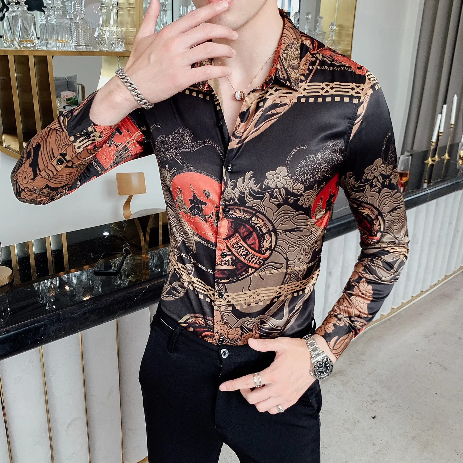 

2024 New Spring and Autumn Men's Slim Long Sleeve Shirt Abstract Concept Digital Flower Shirt Long Sleeve Men