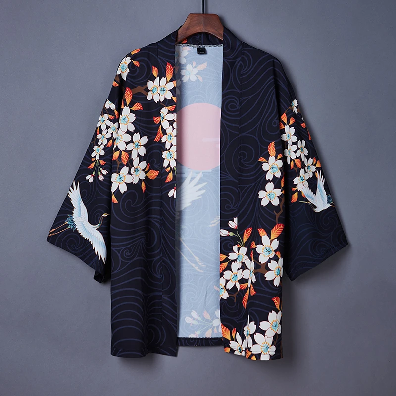 Japanese Kimono Traditional Clothing Crane Print Kimono Streetwear Shirt Women Samurai Haori Hombre Yukata Cardigan Shirt FF3567
