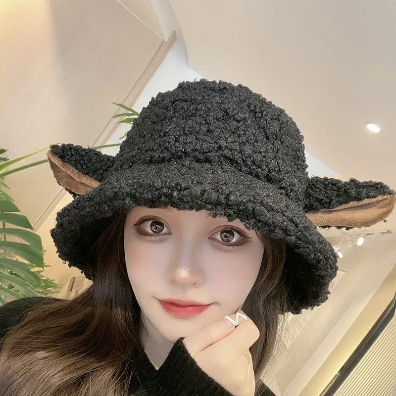 Cute Sheep Ear Bucket Hat Women Winter Warm Plush Panama for Women Warm Faux Fur Soft Female Fisherman Hats