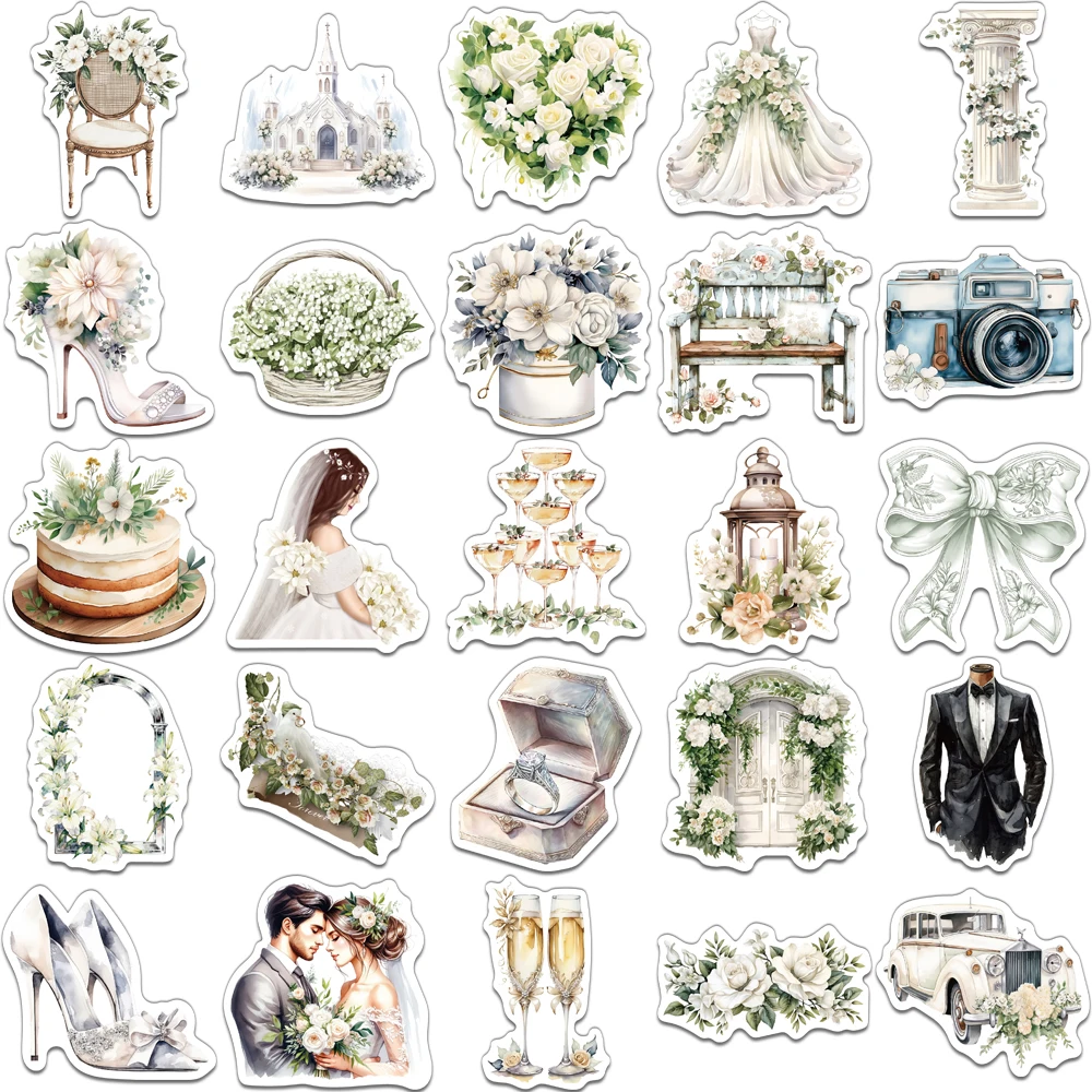 50PCS 크리 에이 티브 레트로 꽃 흰색 웨딩 스티커 저널링 장식 재료 노트북 DIY 맞춤형 데칼
