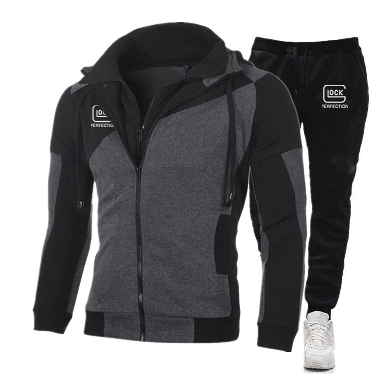 Glock's perfect shooting print diagonal zipper men's suit hoodie+trousers autumn sports suit sweatshirt sportswear sports jacket