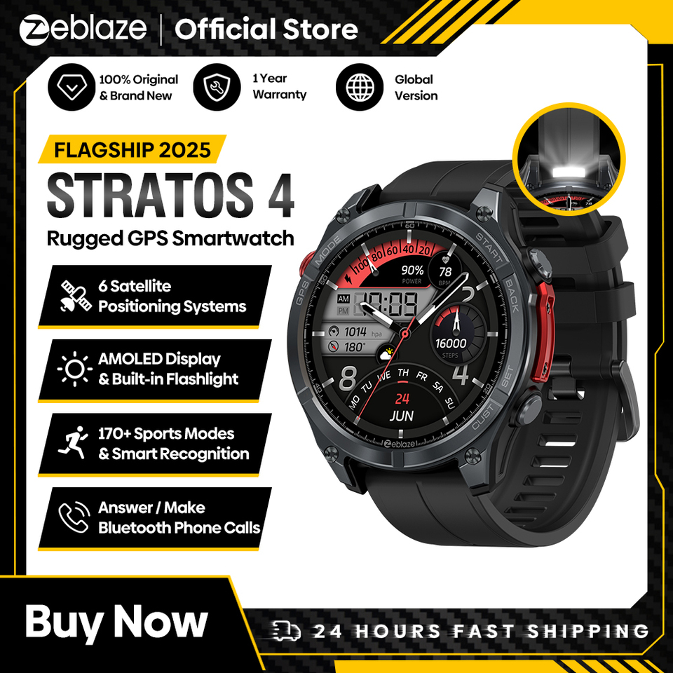 New Zeblaze Stratos 4 GPS Smart Watch 1.43'' AMOLED Display Built-in Flashlight Compass Barometric Altimeter 5 ATM Smartwatch