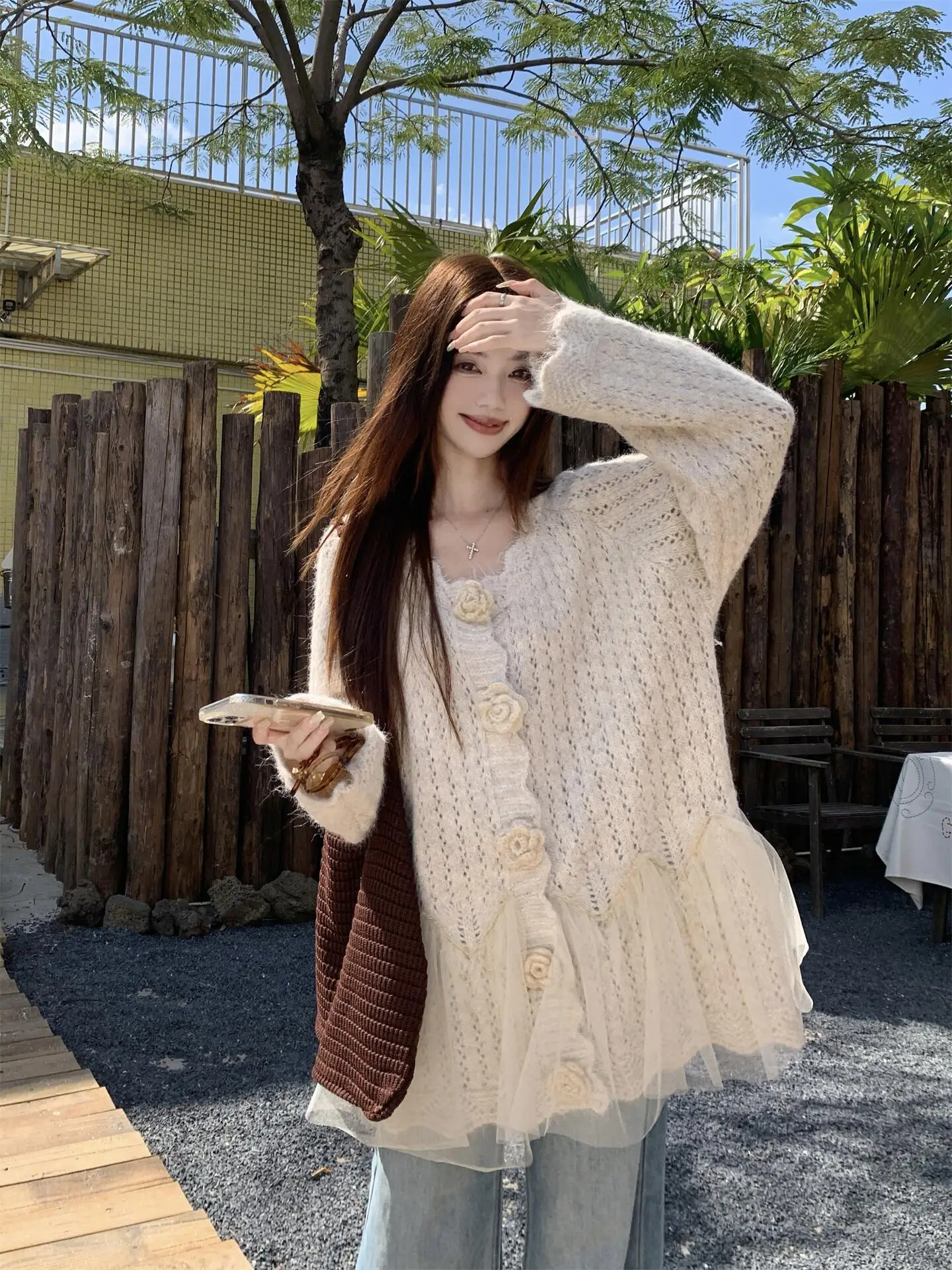 3D Floral Mesh Splicing Knitted Sweater Coat Women's Spring New Mid-Length Casual Top V-neck Long Sleeve Button Closure
