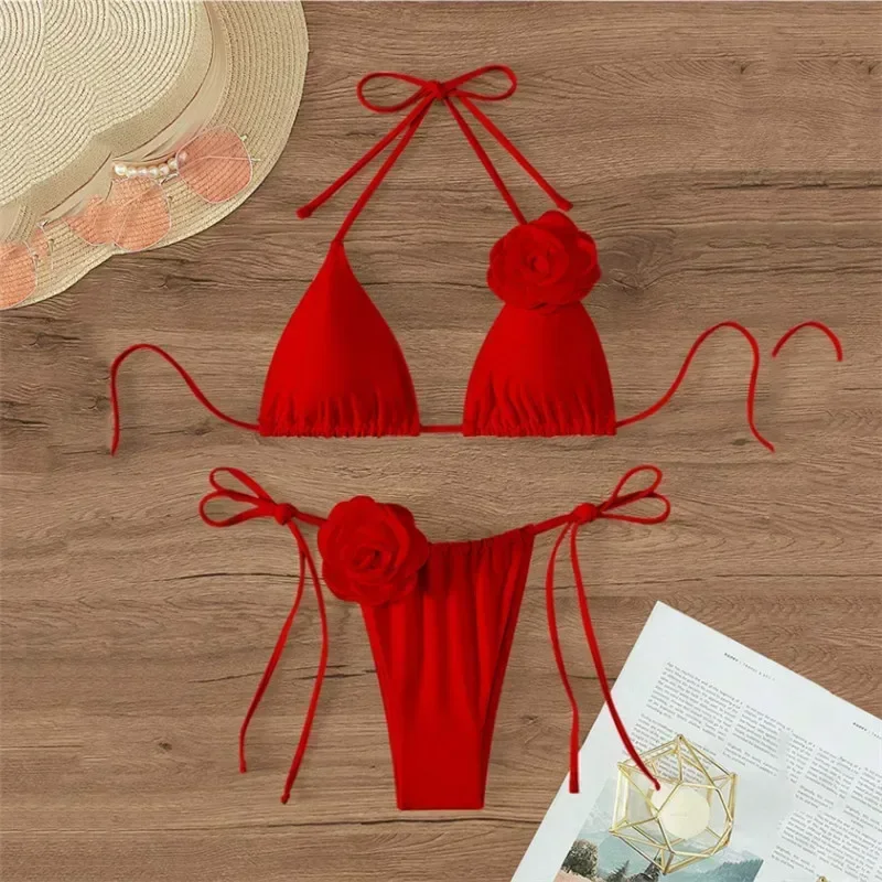 Floral Lace-up Thong Bikini Set - Sexy Brazilian Swimsuit