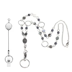 Elegant Beaded Lanyard Necklace with Retractable ID Badge Holder and Key Accessory (Blue)