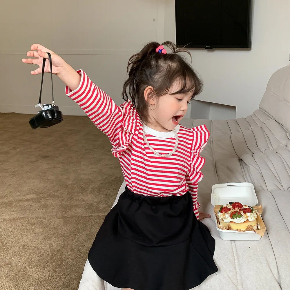 Children's Clothing Girls' T-shirt Autumn Clothes 2023 New Korean Style Lotus Sleeve Top Stripe Flying Sleeve Bottom Shirt - Image 2