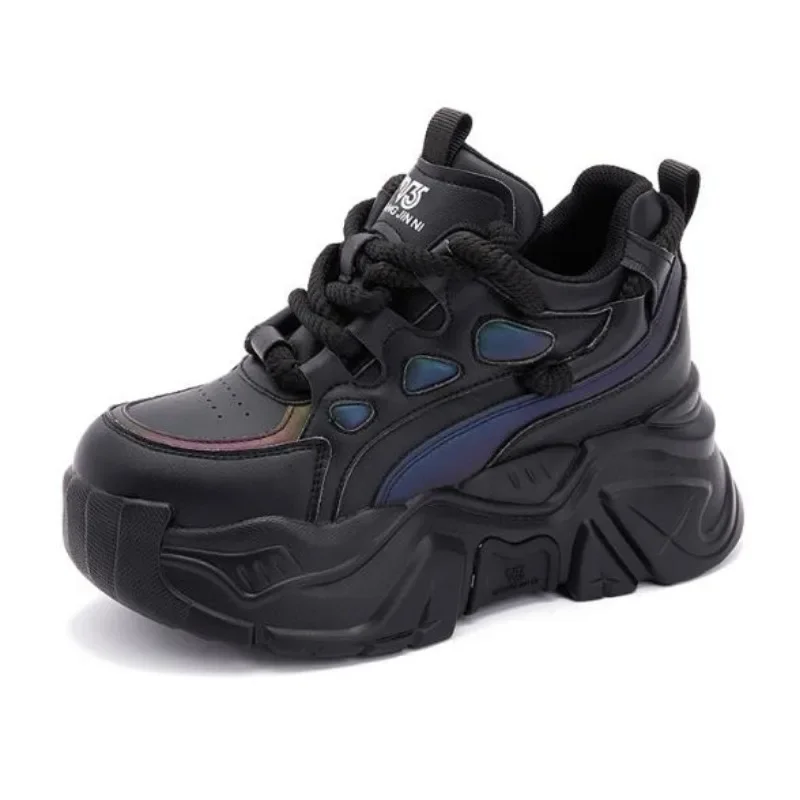 

Женские массивные кроссовки, натуральная кожа, на платформе 8 см, Вулканизированная подошва, дышащие, черные, весна-осень