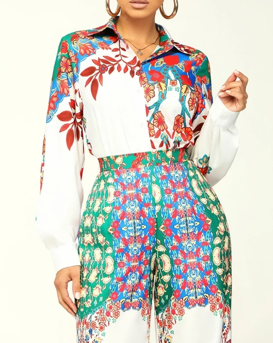 Women's Sets Pants and Blouse 2024 Plants and Flowers Printed Slim Fit Long Sleeved Shirt & Elastic Waist Wide Leg Pants Set