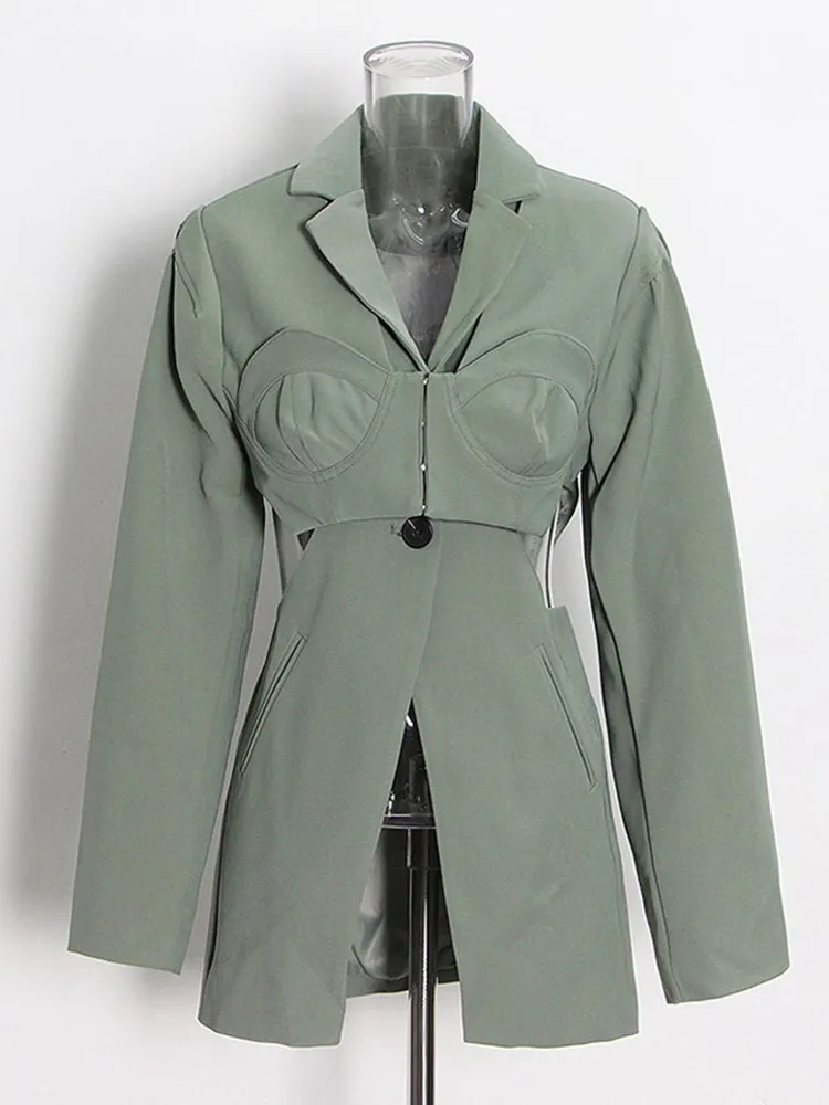 KBQ Spliced Button Hollow Out Split Blazer For Women Notched Collar Long Sleeve Patchwork Pocket Slimming Chic Blazers Female