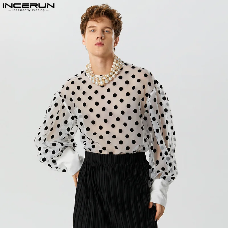 

Handsome Well Fitting Tops INCERUN New Men Fashion Flocking Polka Dot Shirts Casual Perspective Bubble Long Sleeved Blouse S-5XL