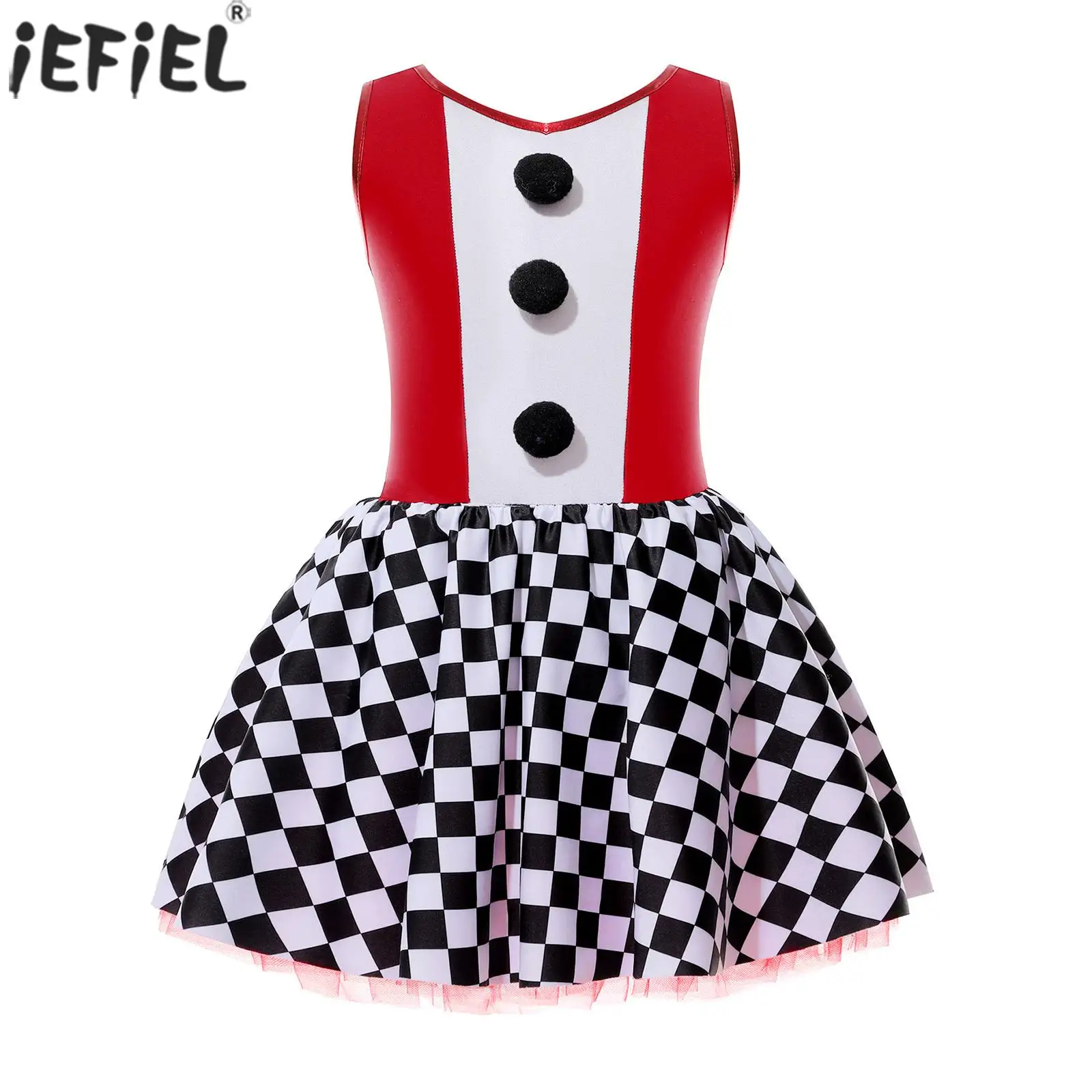 

Kids Girls Halloween Circus Clown Cosplay Costume Sleeveless Checkerboard Print Tutu Dress for Carnival Theme Party Performance