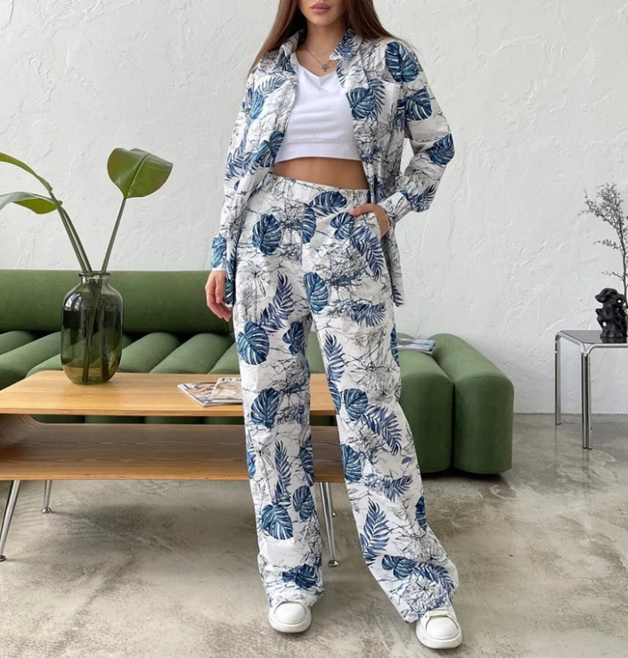 Soul Beauty Lifestyle Leisure Fashion Print Large Size Loose Clothes and High Waist Wide Leg Pants Set