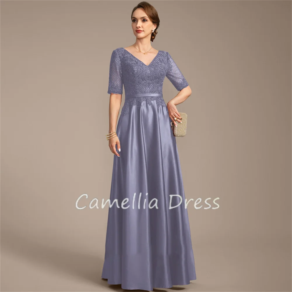 V-Neck Mother Of The Bride Dress Floor-Length Lace Satin A Line With Sequins Formal Dresses Vestidos Mae Da Noiva Casamentos mother bride dresses
