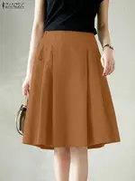 2025 ZANZEA Women Office Skirts Summer Elastic Waist Jupes Elegant A-line OL Work Faldas Saia Solid Pleated Knee Length Skirt - Image 4