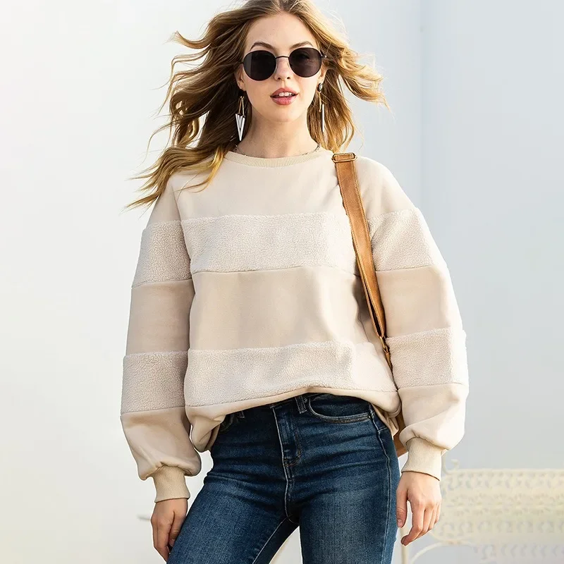 2024 New Women's Patchwork Striped Pullovers O Neck Fashion Sweatshirts Loose Casual Long Sleeve Tops Oversize Sweater NASY0023