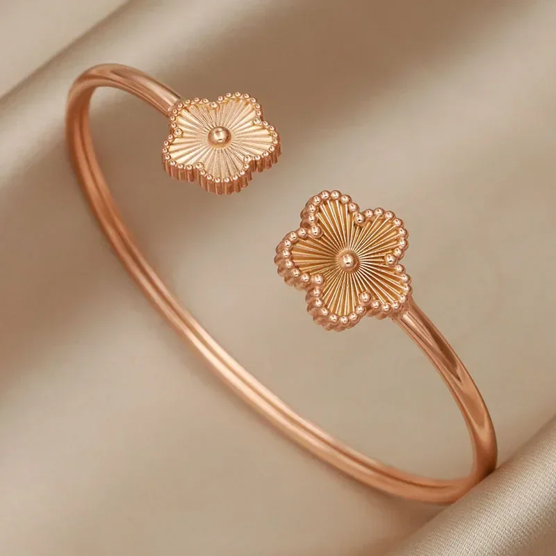 Classic Stainless Steel Metal Flower Open Bangles for Women Fashion Brand Jewelry Elegant Bracelets Gift Accessories