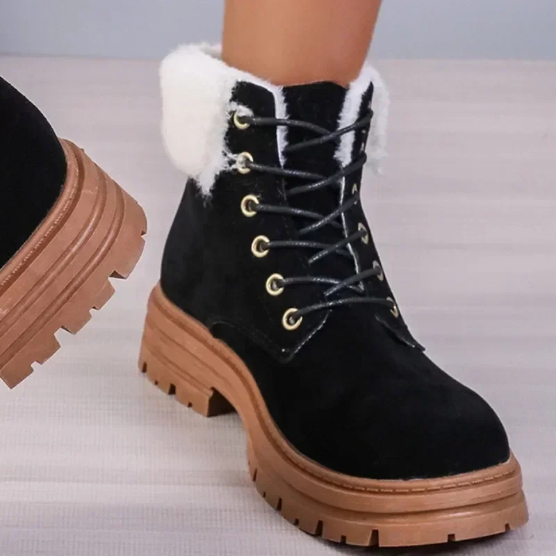 2023 New High Quality Shoes Female Lace Up Women's Boots Winter Round Toe Flock Plush Warm Mid Heel Casual Naked Boots Shoes