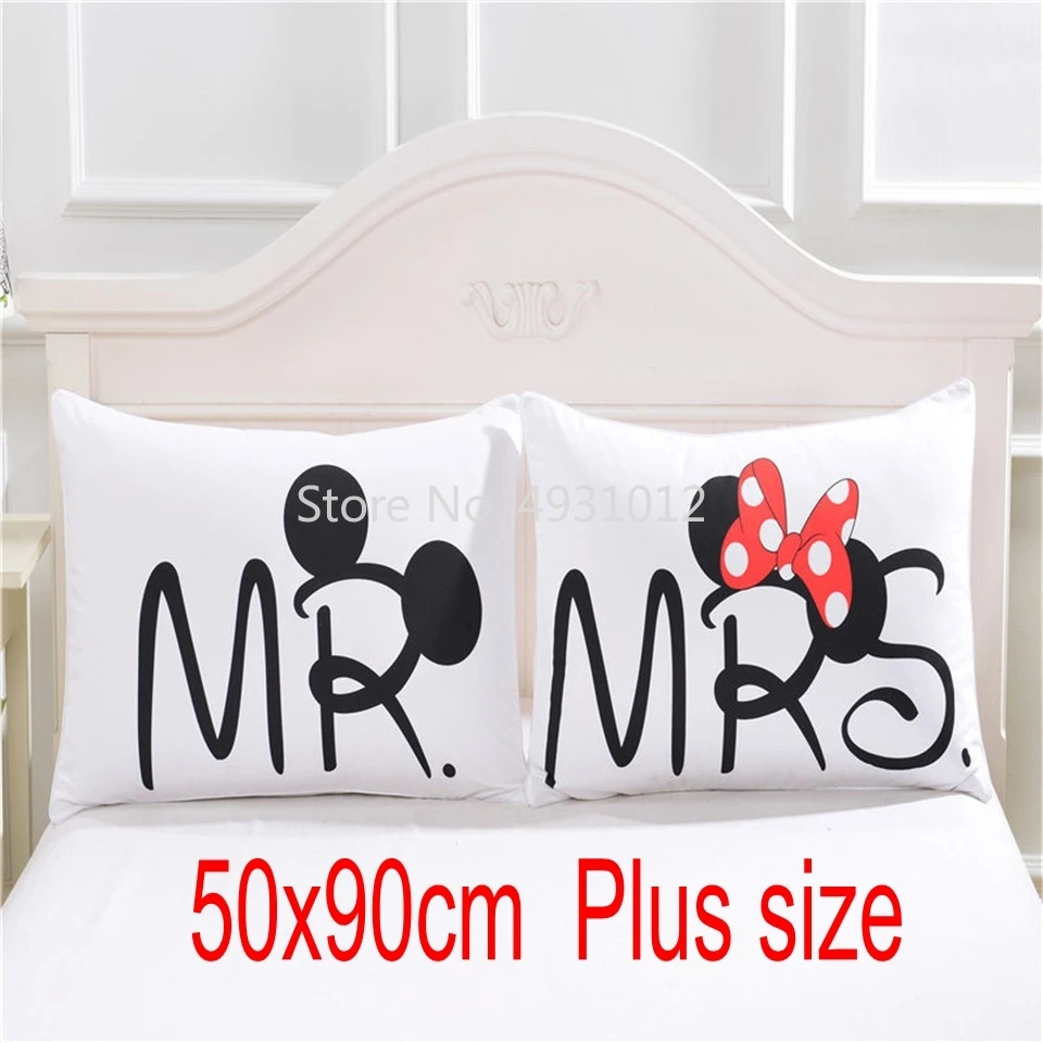 Mr Mrs Love Minnie Mickey Mouse with bow Pillowcases 2pcs White Couple Pillow Cover Decorative Living Room Plus size 50x90cm