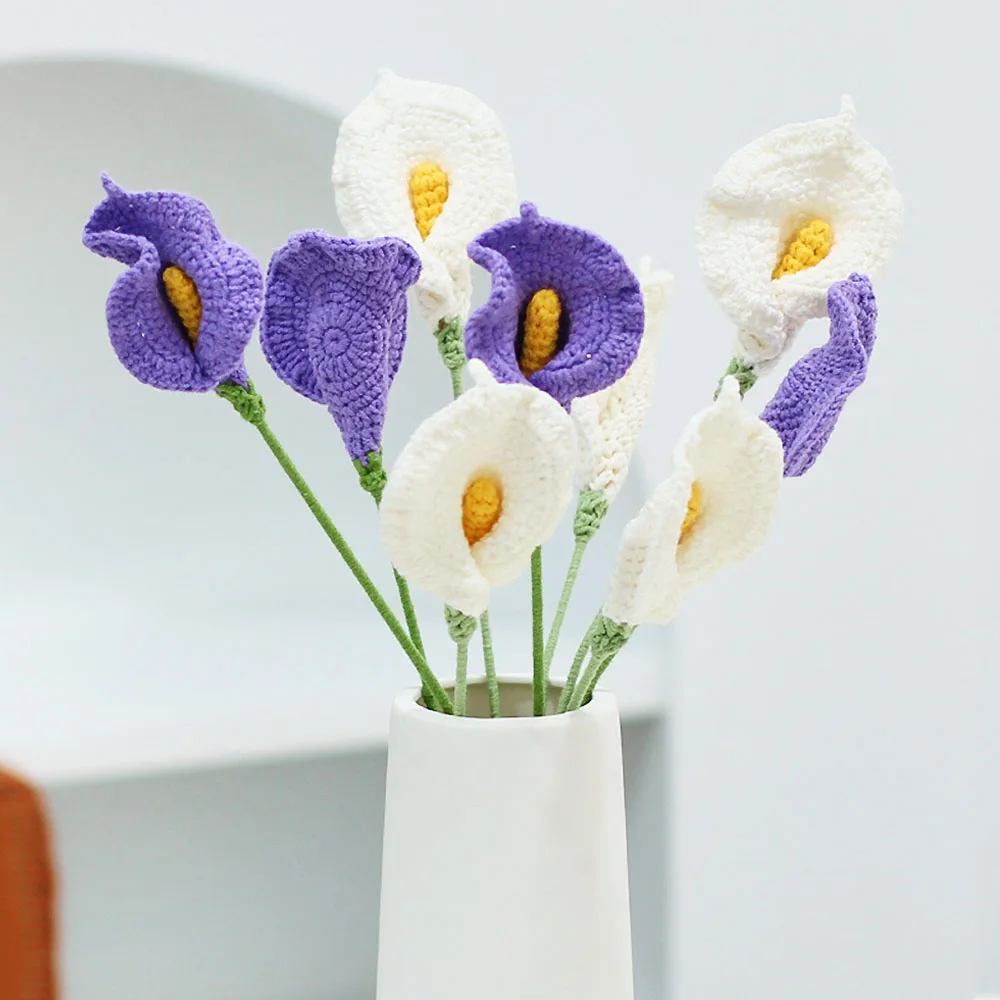 Finished Hand-Knitted Crochet Knitted Flowers Calla Lily Daisy Fake Flower Wedding Decoration Home Table Creative Decorate Gifts