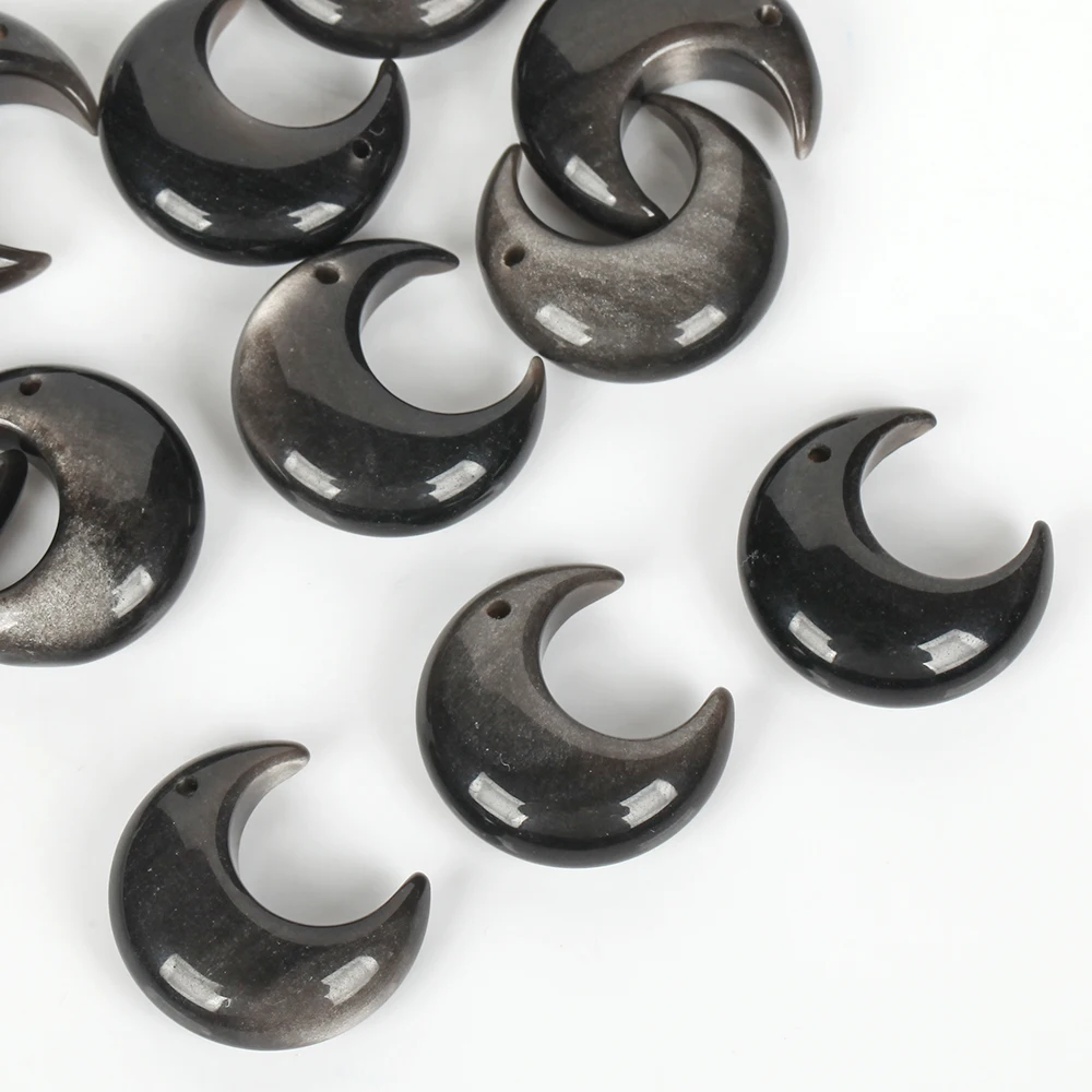 천연석 비즈 25x24mm 2개 실버 오브시디언 달 모양 스페이서 비즈 쥬얼리 제작 DIY 팔찌 목걸이용