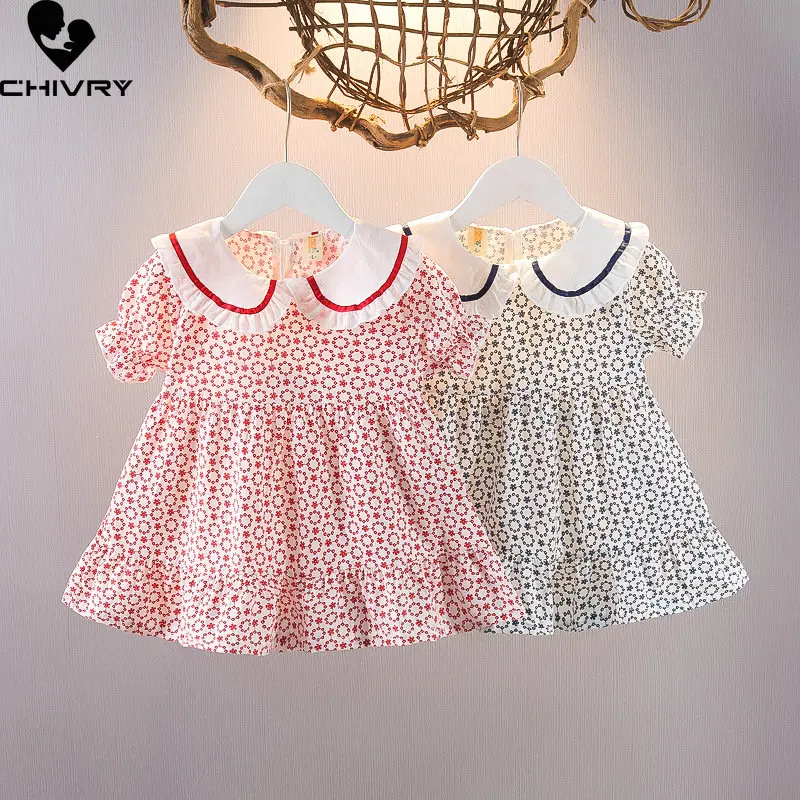 

Girls Summer Dress New 2023 Baby Girl Sweet Floral Print Short Sleeve Lapel Princess A-line Dresses Kids Clothes Party Dress