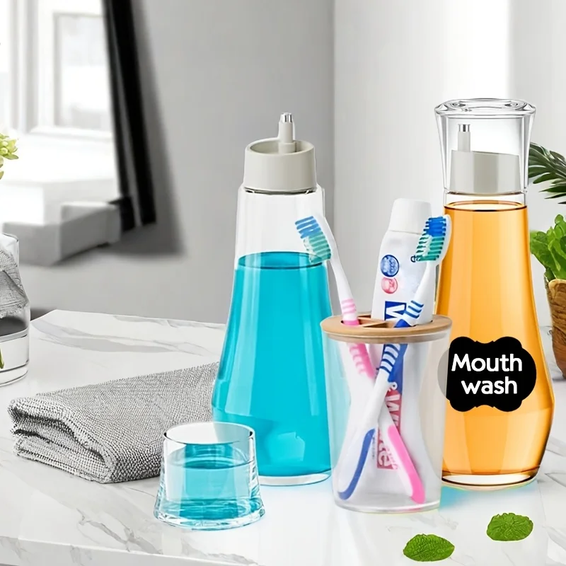 Mouthwash Dispenser Bottle Multifunctional Dispensing Refillable Glass Mouthwash Dispenser with Lid Portable Bathroom Countertop Container