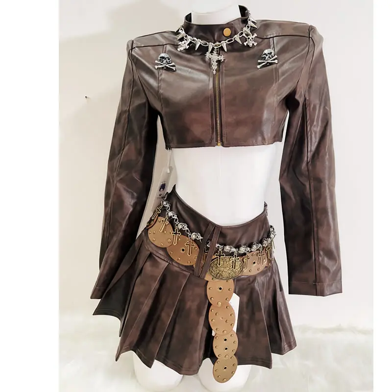 Faux Leather Cropped Jacket and Skirt 1
