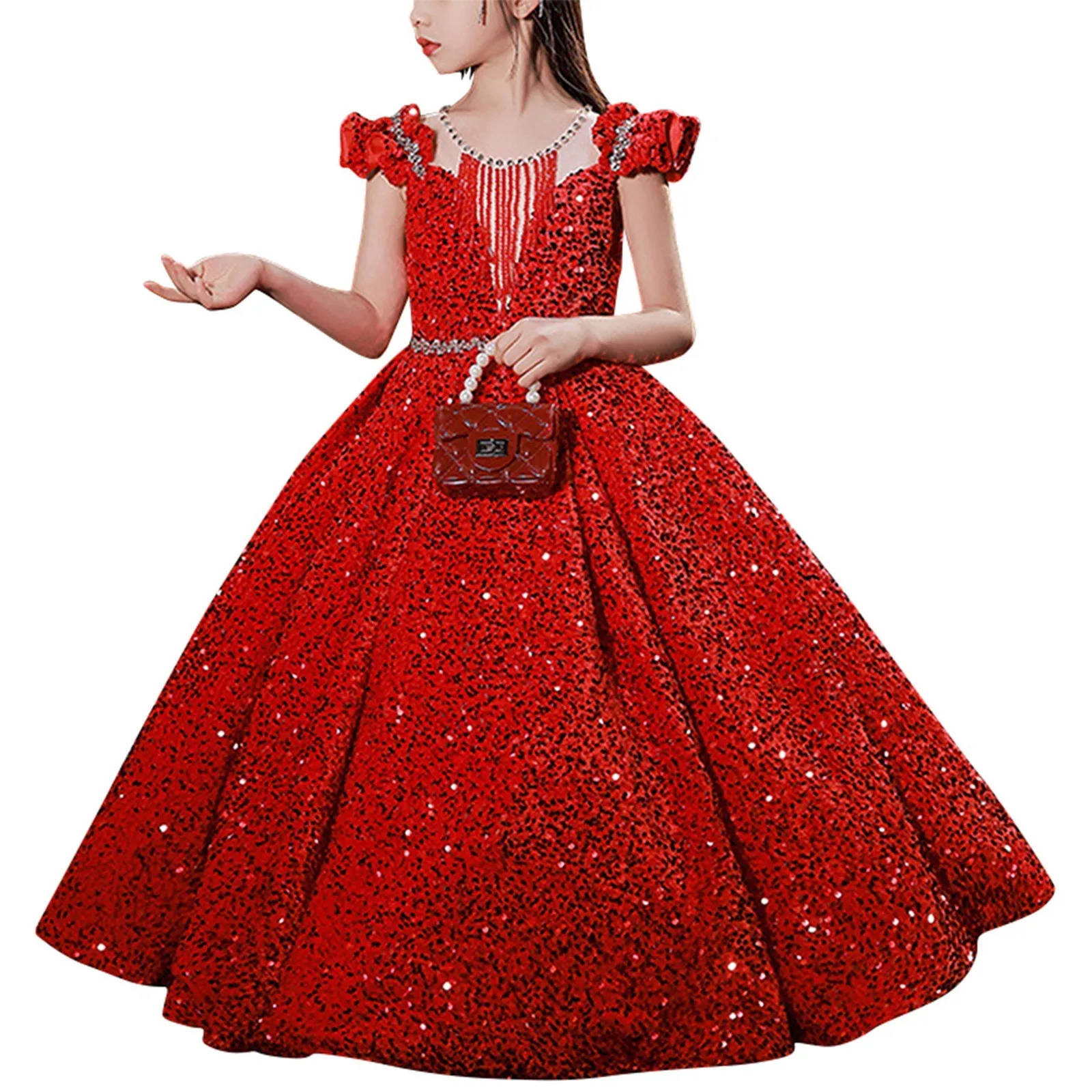 

Sequined Princess Ball Gown Dress Girl Fluffy Robe Children Flower Girl Dresses 2024 Kids Elegant Wedding Party Vestidos