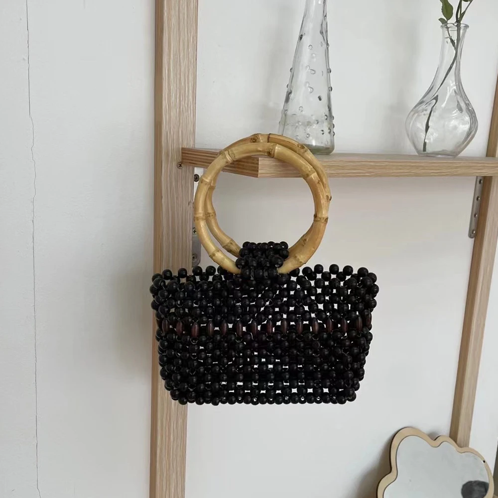 

Wooden Beads Handbags Round Bamboo Handle Clutch Hollow Woven Tote Bags for Women 2023 Mini Handmade Flap Ladise Travel Purses