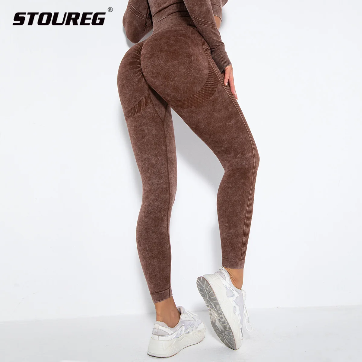 STOUREG 여성용 심리스 워시드 프로스티드 요가 팬츠 피치힙 퀵 드라이 ..