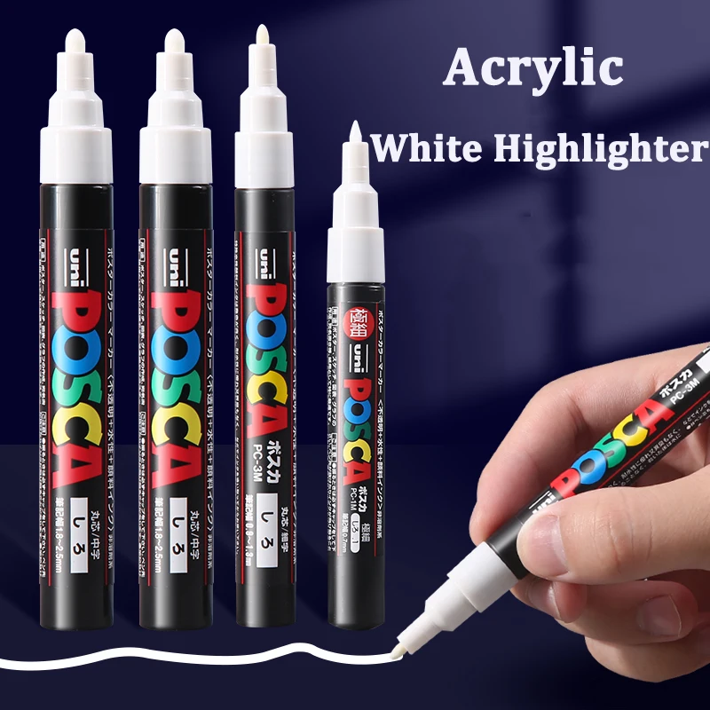 Uni Posca 아크릴 마커 흰색 원단 페인트 펜, 영구 Plumones Marcadores 아트 용품, POP 포스터 그래피티 펜, 3 PCs/로트