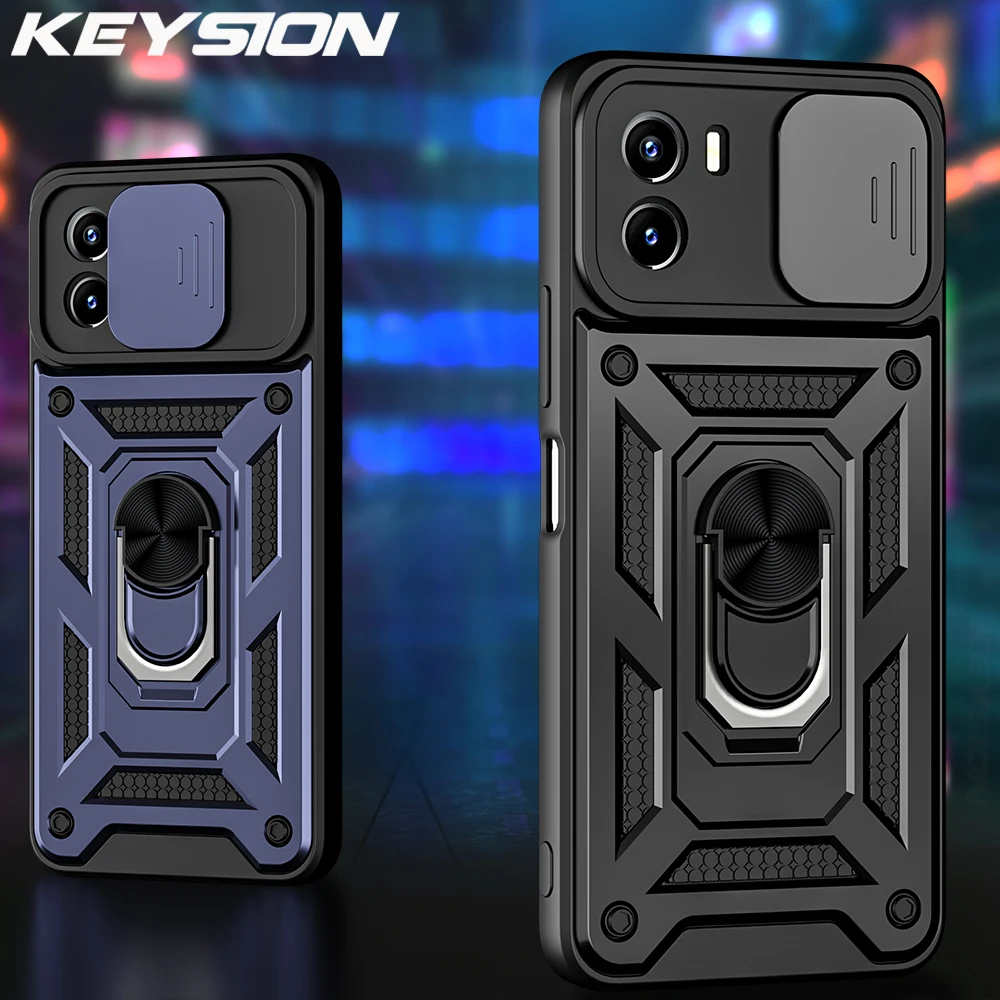 KEYSION Shockproof Case for VIVO Y15A Y15S Y15C Y01 Push Pull Camera Protection Ring Stand Phone Cover for VIVO Y91 Y93 Y95 Y91C