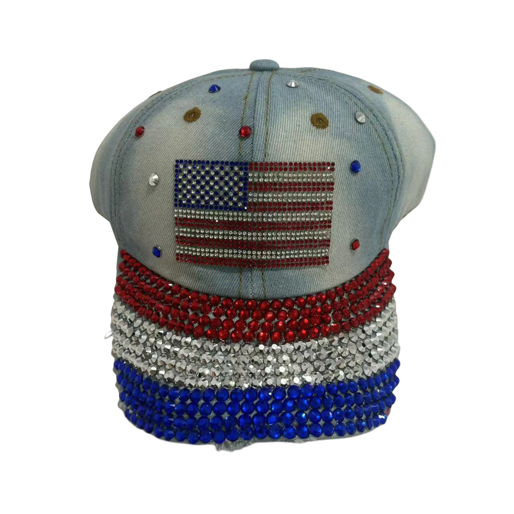 American Flag Embroidered Patriotic Baseball Cap for Women with Rhinestone Detail and Sun Protection