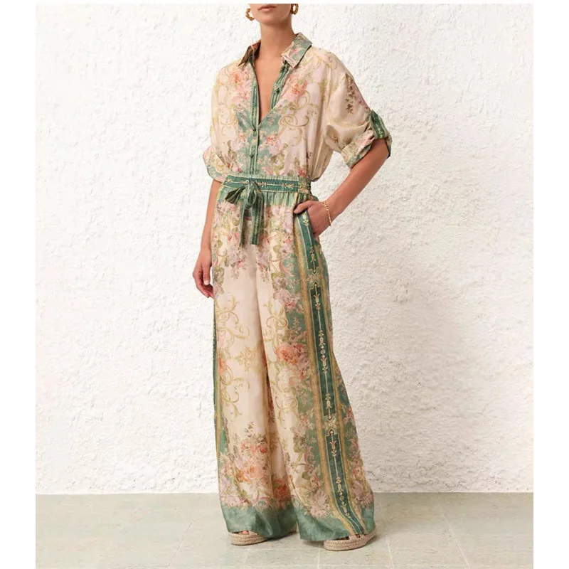 

2024 Women's Loose Satin Lapel Sleeve Positioned Printed Single-Breasted Shirt + Wide-Leg Lace-up Pants Suit