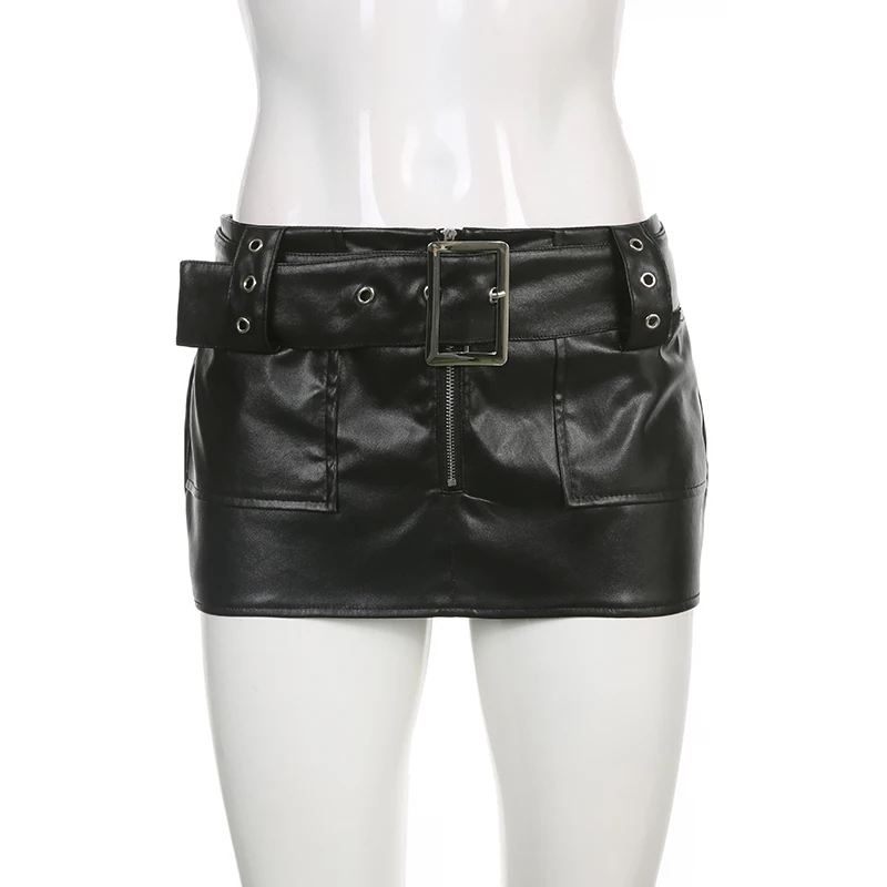 IAMSURE Sexy Slim Pu Leather Skirt Below The Navel With Sashes Cool Retro Zipper Mini Skirts Women 2022 Summer Streetwear Ladies
