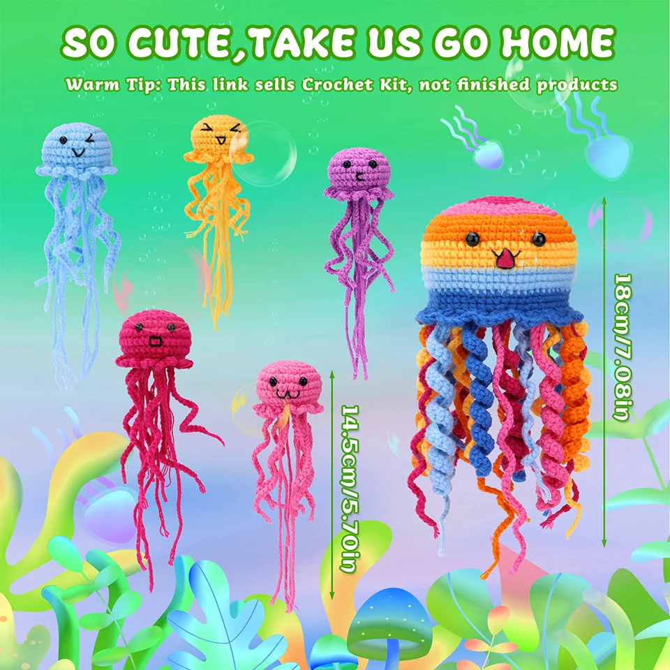 6Pcs Jellyfish Crochet Material Package with Step-by-Step Video Tutorials Unfinished Crochet Animal Kit for DIY Craft Beginner