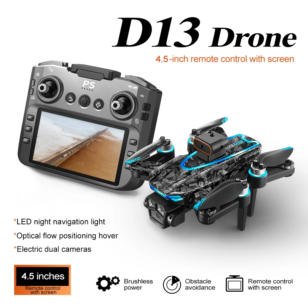Drone D13 sans balais 360° avec télécommande écran 4.5" et transmission 5G vu de dessus montrant ses hélices et capteurs