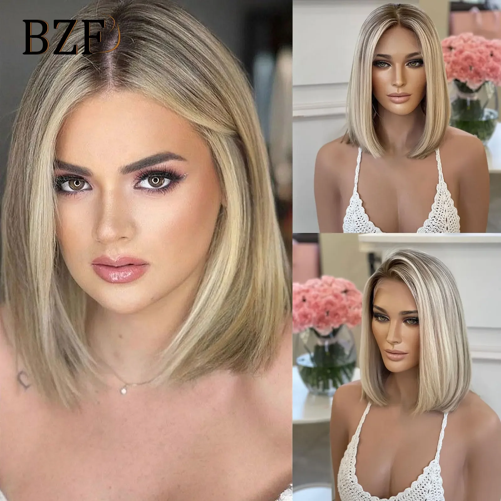 Synthetic Wig 12Inch Blonde Highlight Short Bob Wigs Dark Roots Lace Front Colored Straight Blonde For Women Daily Use