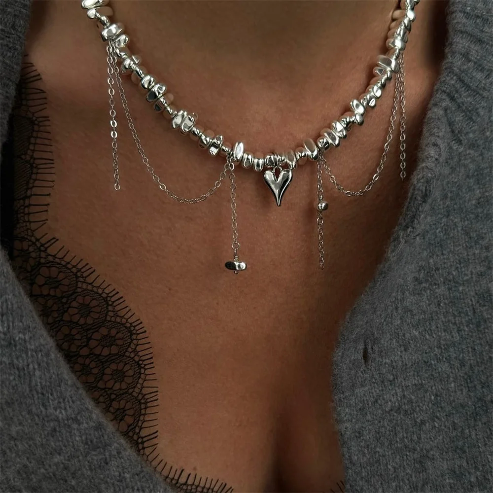 Fashion Vintage Silver Color Geometric Bead Chain Necklace For Women Female Boho Tassel Heart Pendant Jewelry